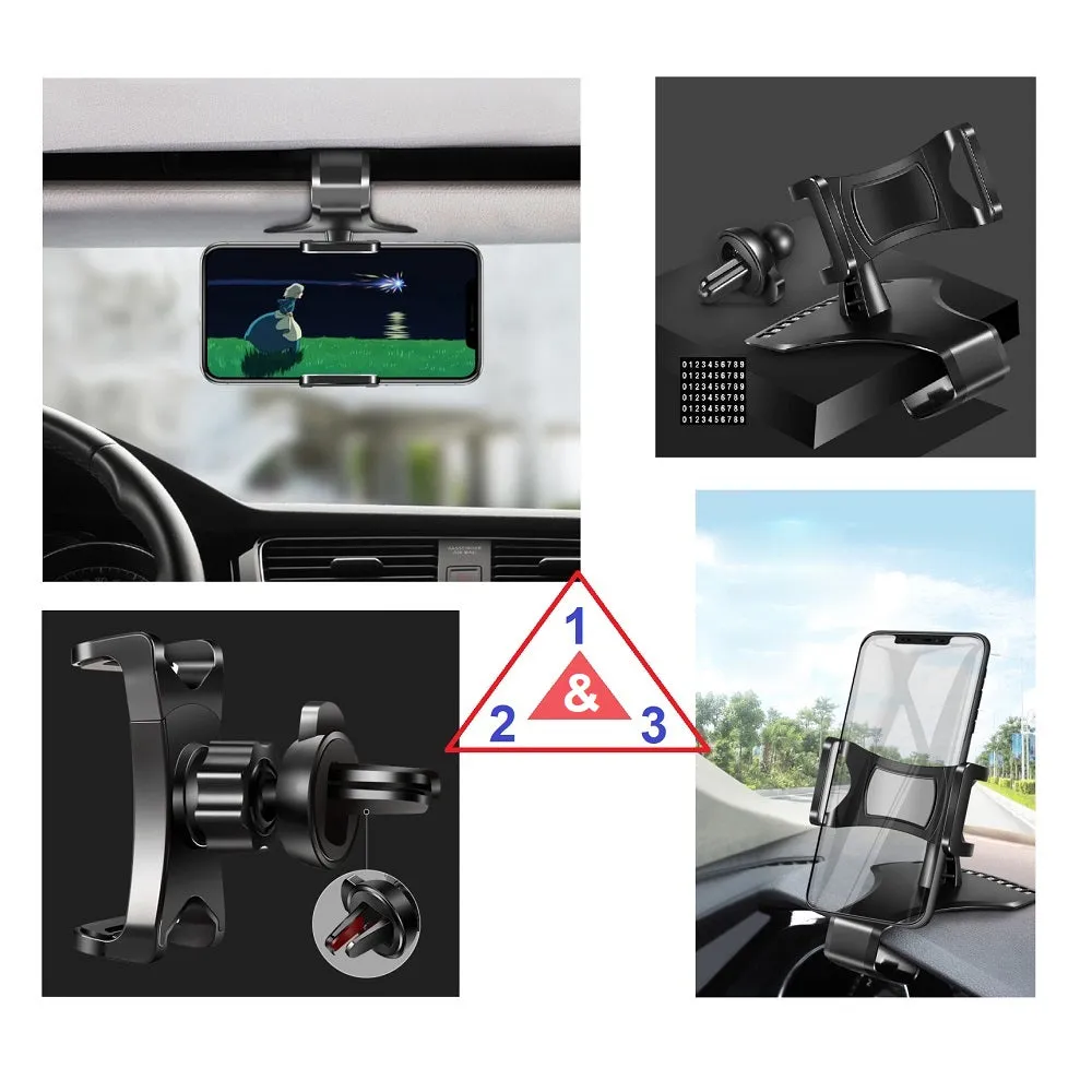 3 in 1 Car GPS Smartphone Holder: Dashboard / Visor Clamp   AC Grid Clip for Fujitsu Arrows Fit F-01H - Black