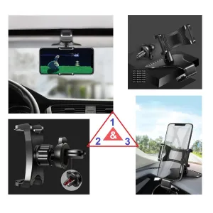 3 in 1 Car GPS Smartphone Holder: Dashboard / Visor Clamp   AC Grid Clip for Fujitsu Arrows Fit F-01H - Black