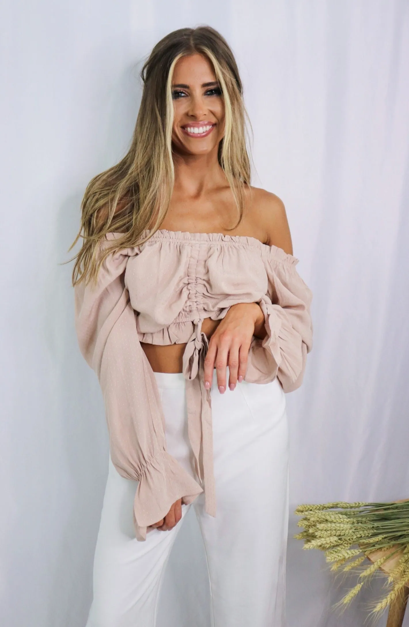 'Delilah' Off the Shoulder Frilled Blouse in Blush
