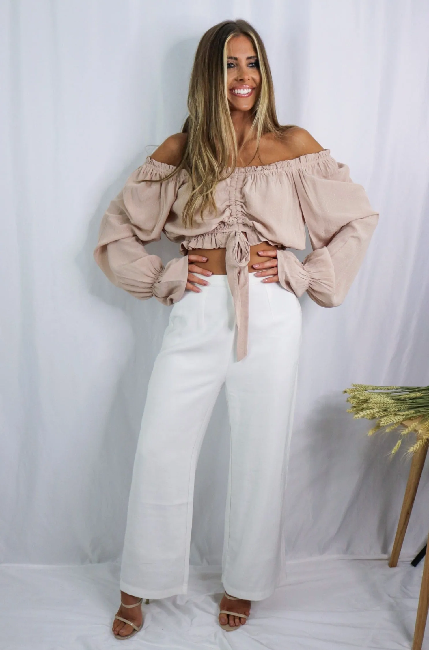 'Delilah' Off the Shoulder Frilled Blouse in Blush