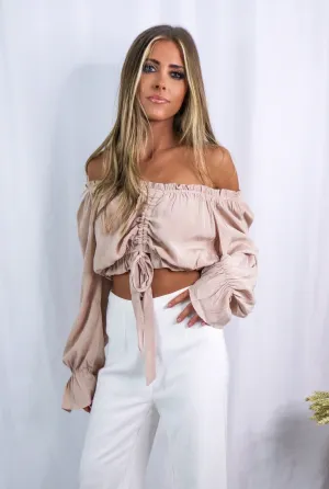 'Delilah' Off the Shoulder Frilled Blouse in Blush