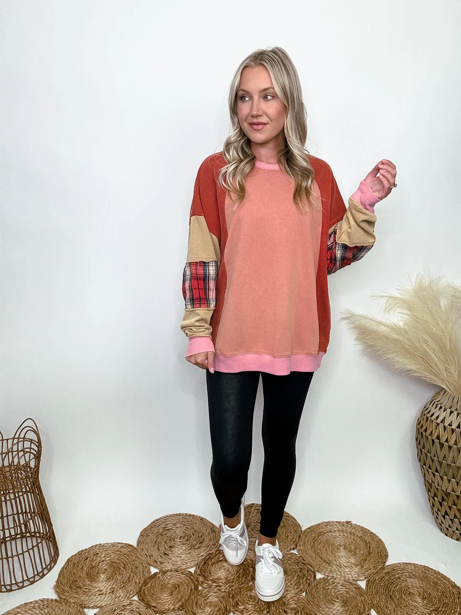 DOORBUSTER - Colorblock Pullover with Plaid Sleeve Patches