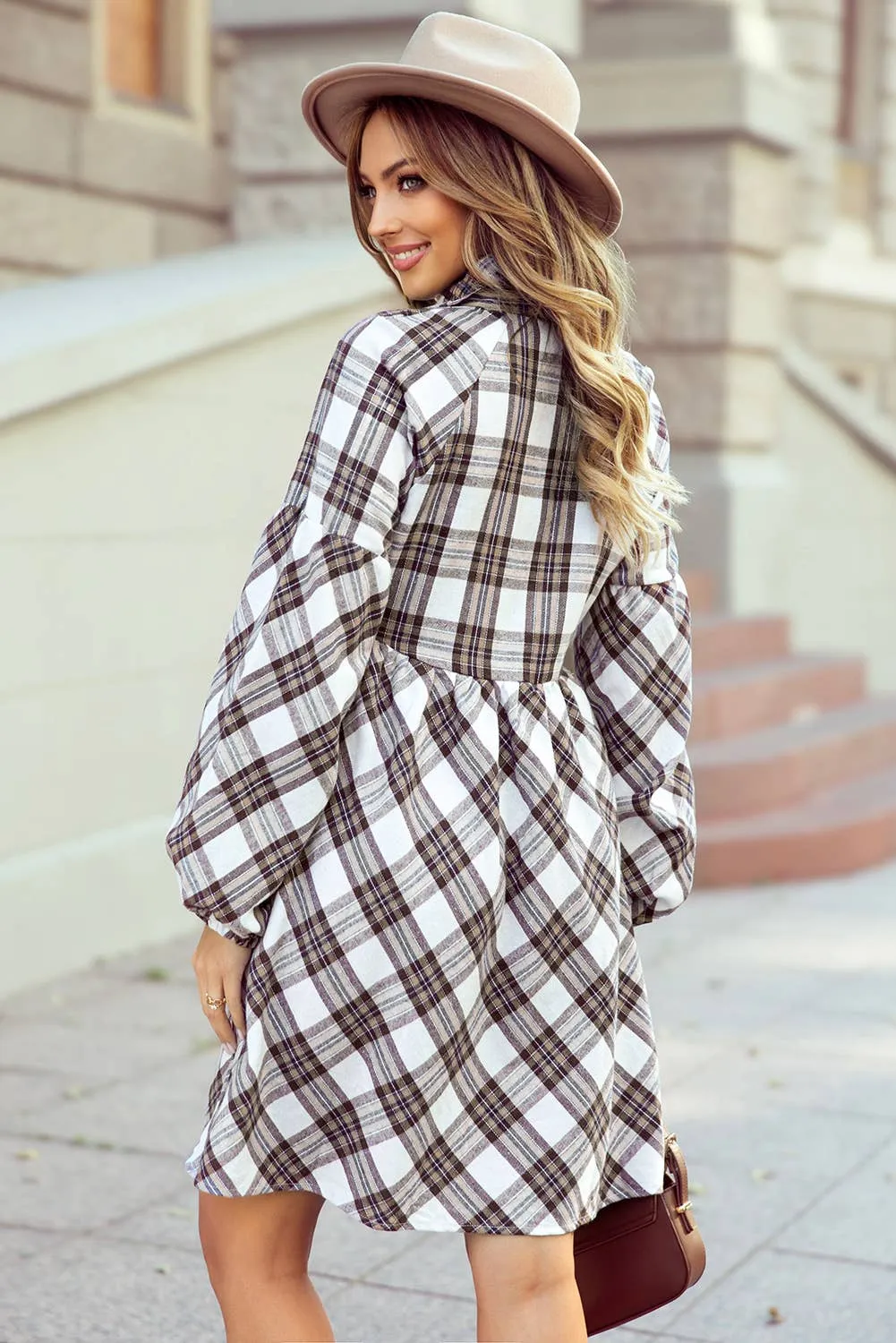 Plaid Bubble Sleeve Flowy Shirt Dress